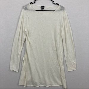 Eileen Fisher White Cream Side Slit Linen Blend Long Sleeve Tunic Large